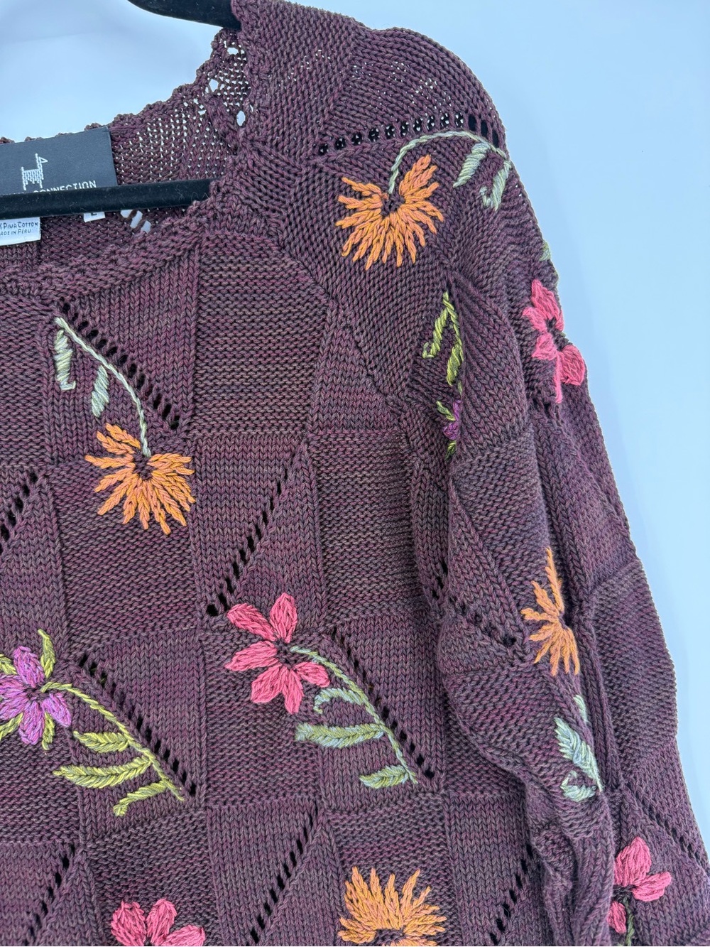 Peruvian Connection L Embroidered Pima Cotton Open Knit Floral Sweater Boho Art - Picture 4 of 14
